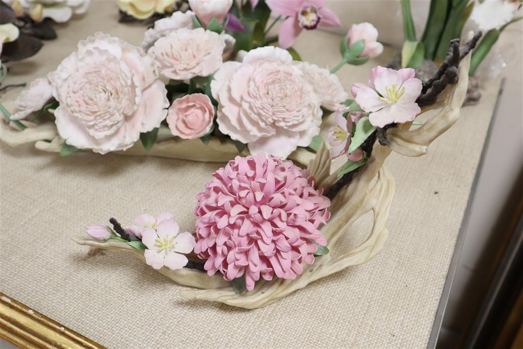 Three Boehm flower groups - no.85 Chrysanthemum and Blossom, Pink Peony centrepiece and Iris silver shower, and a Cymbidium Orchid